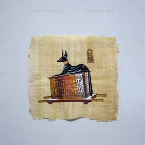 Seated Anubis  shrine in Tut Ankk Amon tomb, 12&quot; x 8&quot; Handmade, Hand painted Egypt Papyrus, Frameable, Wall art,  Anubis & King Tut papyrus
