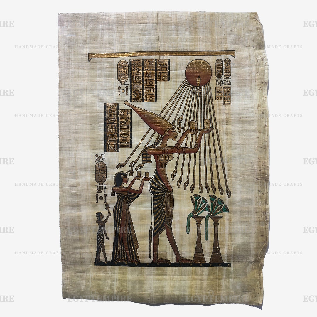 手作りのアケナテン王のパピルス画：古代エジプトの壁画（14インチ×10