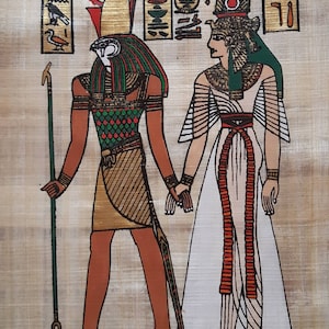 Queen Nefertari being lead by God Horus into the after life 14&quot;x10&quot;. Handmade Egypt Papyrus, Ancient Egyptian Art, Frameable.