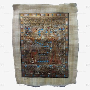 King Tut receives lotus flowers from Queen Ankhes n amn, handmade, hand painted papyrus, 17&quot;by 14&quot;, Ancient Egyptian art, Frameable Wall Art