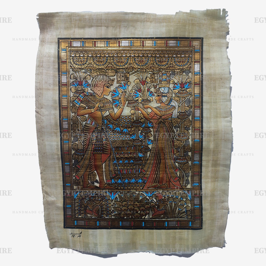 手作りのツタンカーメン王パピルス画：古代エジプト美術（17インチ×14