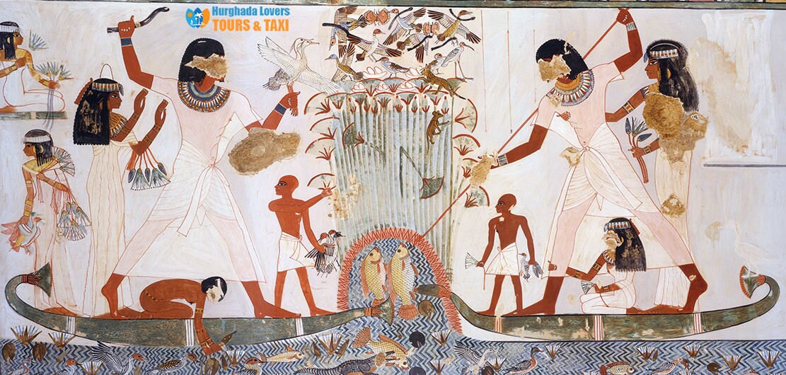 手作りパピルス画：ナイル川デルタでの狩猟、古代エジプト美術（14