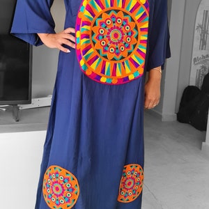 Navy blue dress/kaftan, Sub-Saharan patterns, 90% Egyptian cotton,  Summer Dress for Women,  Embroidered Egyptian Kaftan,Gift for Her