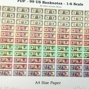May include: A sheet of paper featuring 99 miniature US dollar bills printed on it. The bills are arranged in rows and columns, and they are all different colours. The paper is labelled "PDF - 99 US Banknotes - 1:6 Scale" and "A4 Size Paper".
