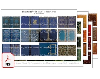 May include: Printable PDF with 45 book cover designs in a 1:6 scale. The covers feature a variety of vintage-inspired patterns and colors, including blue, gold, and brown.