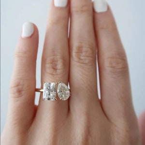 Colorless Moissanite Toi Et Moi Ring / Pear And Fancy Radiant Cut Moissanite Ring / 14K Gold Engagement Ring / Gift For Her