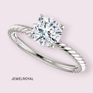 Engagement Ring , 2 Carat Round Moissanite Ring, Twisted Rope Band , Sterling Silver or White Gold, Promise Ring , Anniversary Gift for Her