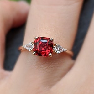 14k Rose Gold Ring, 2.00cts of Unique, Rare Red Spinel Asscher Cut Red Spinel Three Stone Design, Asscher and Kite cut Ring