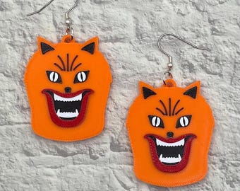 Hausu Orange Cat Horror Statement Earrings or Keychain 3D Printed