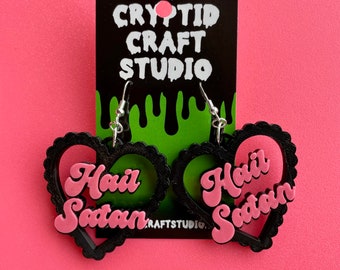 Hail Satan Heart Earrings / Statement Earrings / 3D Printed