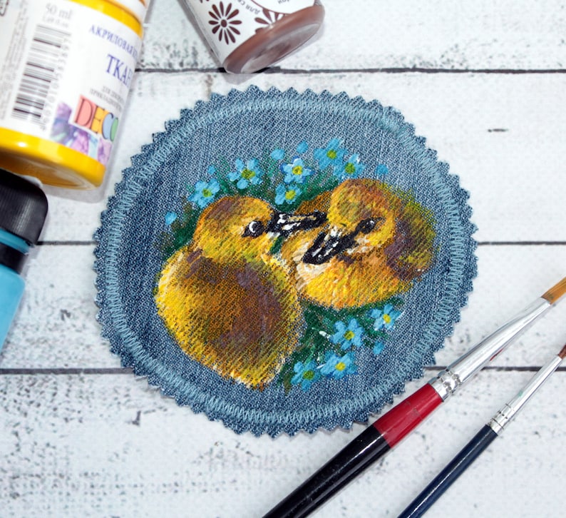 Hand painted duck patch Denim patches birds Upcycled jeans for women