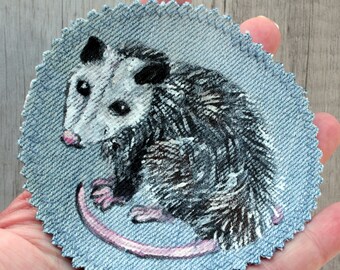 Hand painted opossum patch Denim patches animal Upcycled jeans for women Cute gift for sister