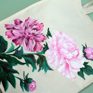 Handmade tote bag canvas for women Hand painted peony reusable grocery bag Mori girl fashion gift CUSTOM image 7