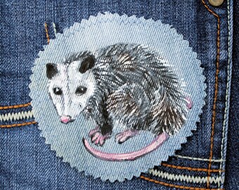Hand painted opossum patch Denim patches animal Upcycled jeans for women Christmas gift for sister in law