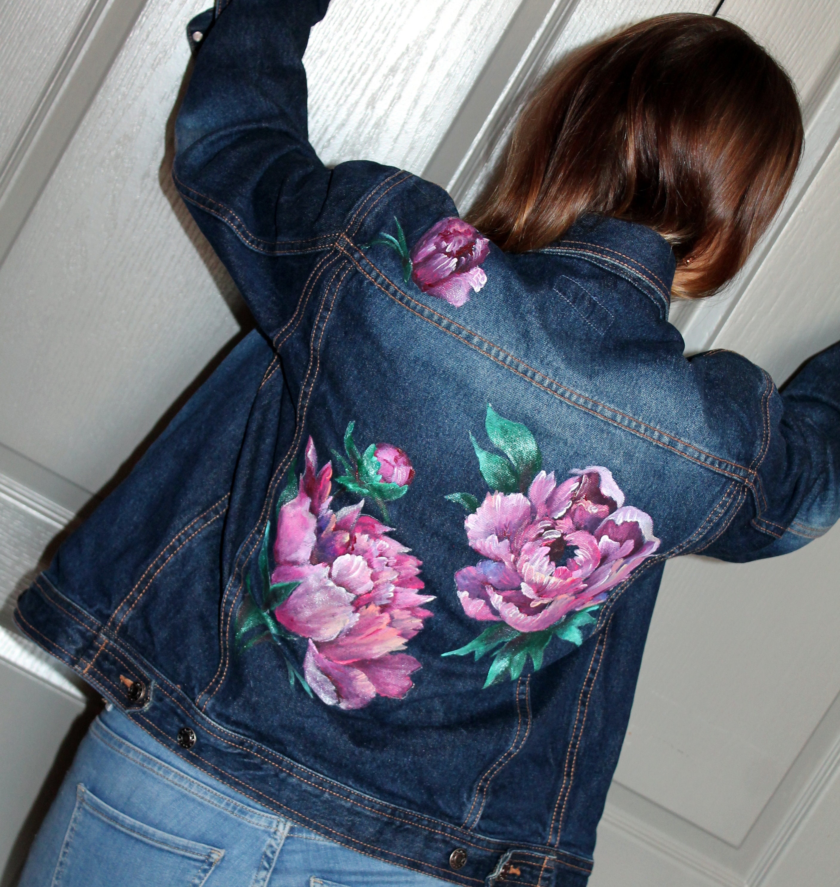 Hand Painted Denim Peony Jacket Upcycled Embellished Denim 