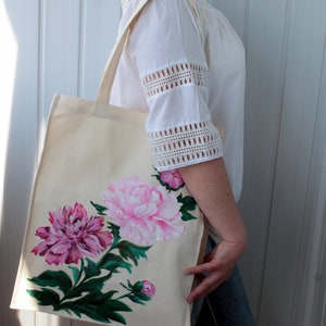 Handmade tote bag canvas for women Hand painted peony reusable grocery bag Mori girl fashion gift CUSTOM image 2
