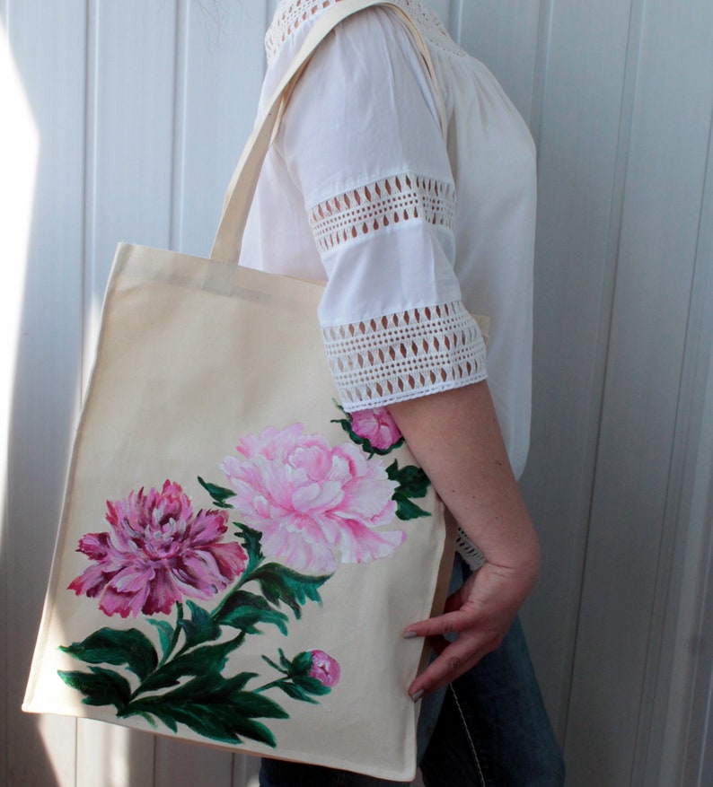 Handmade tote bag canvas for women Hand painted peony reusable grocery bag Mori girl fashion gift CUSTOM image 2
