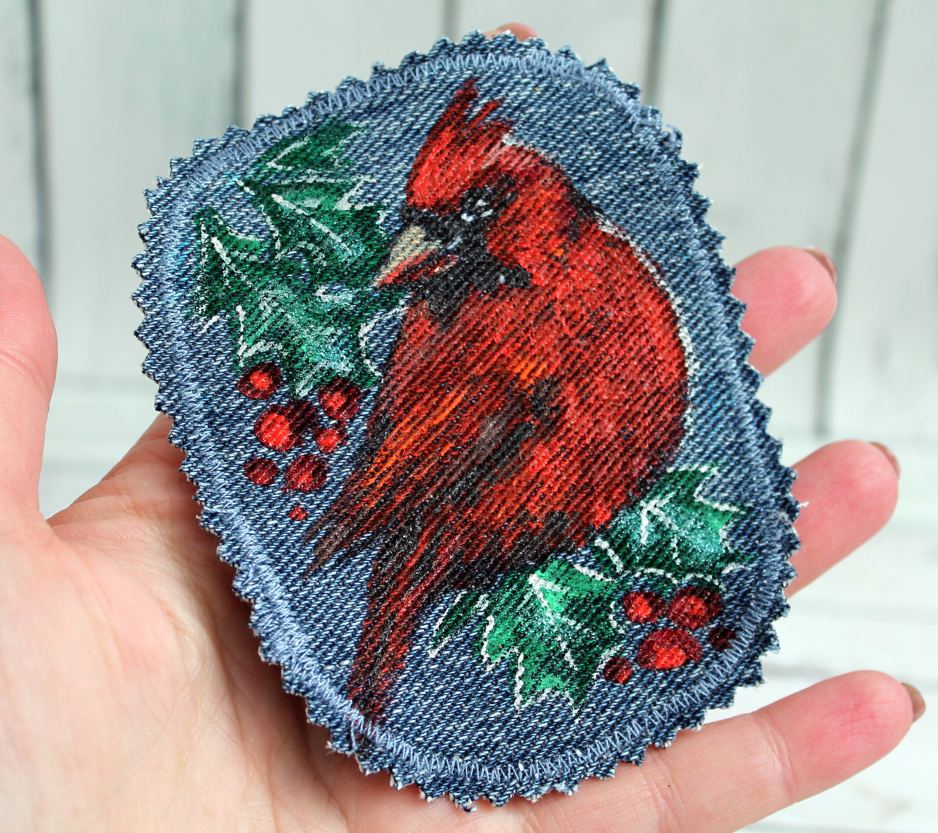 Red Cardinal Patch Denim Patches Birds Upcycled Jeans for Women CUSTOM ...