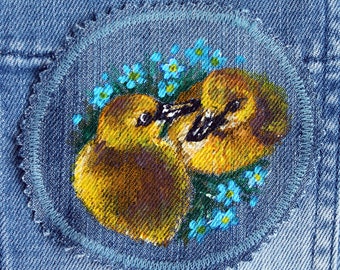 Hand painted duck patch Denim patches birds Upcycled jeans for women