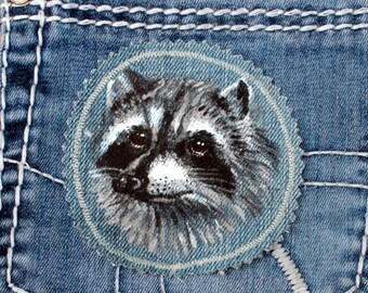 Hand painted raccoon patch Denim patches animal Upcycled jeans for women Cute gift for sister CUSTOM