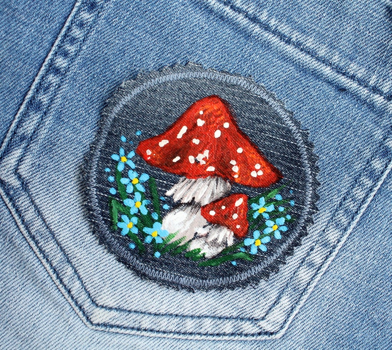 Mushroom Patch Hand Painted Denim Patches Amanita Cottagecore - Etsy