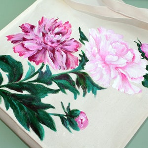 Handmade tote bag canvas for women Hand painted peony reusable grocery bag Mori girl fashion gift CUSTOM image 6