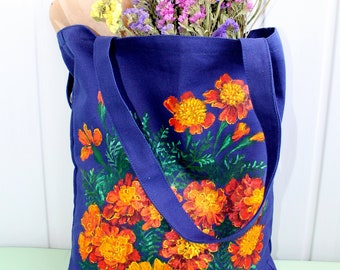 Hand painted marigold Reusable grocery bag Eco friendly gifts for her CUSTOM