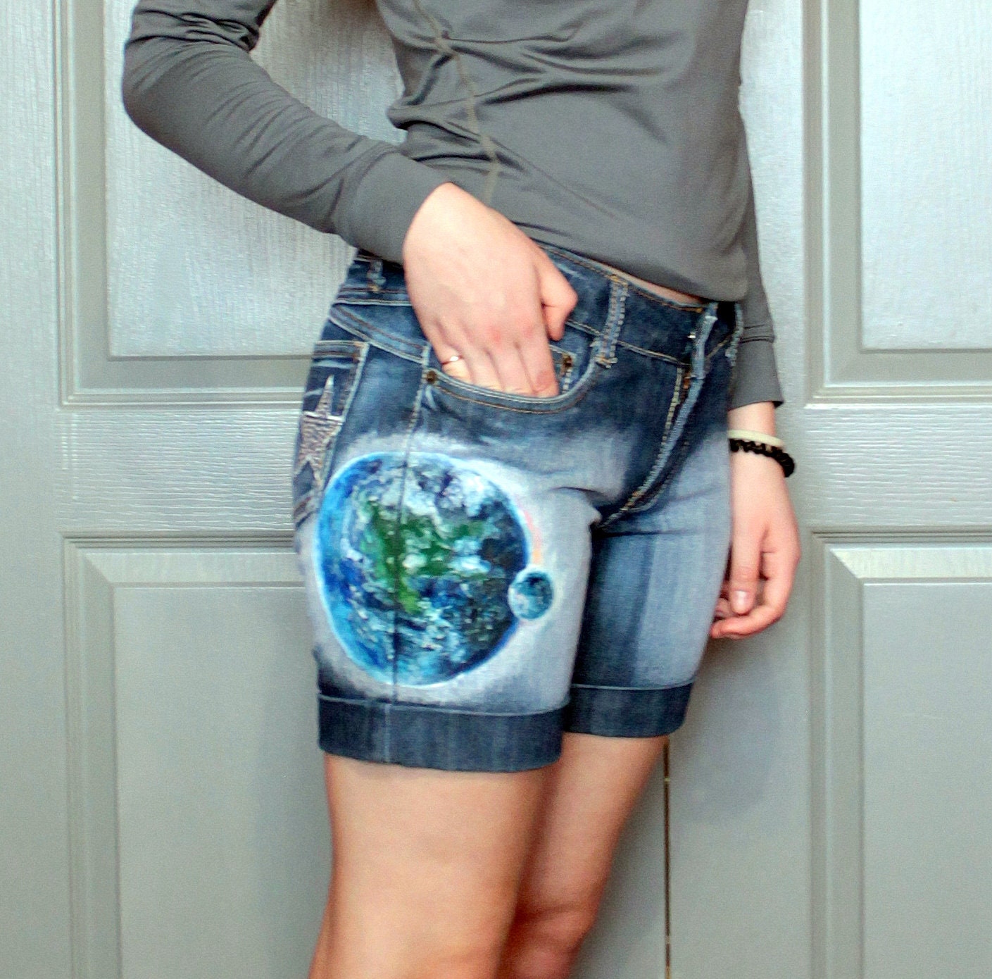 Painted denim shorts space art Handmade painting embellished Etsy