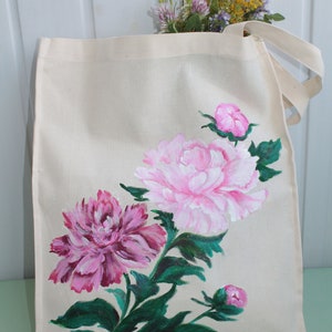 Handmade tote bag canvas for women Hand painted peony reusable grocery bag Mori girl fashion gift CUSTOM image 4