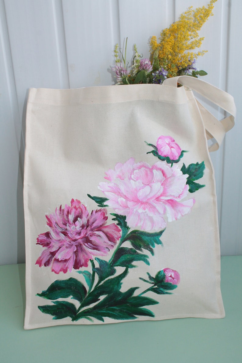 Handmade tote bag canvas for women Hand painted peony reusable grocery bag Mori girl fashion gift CUSTOM image 4