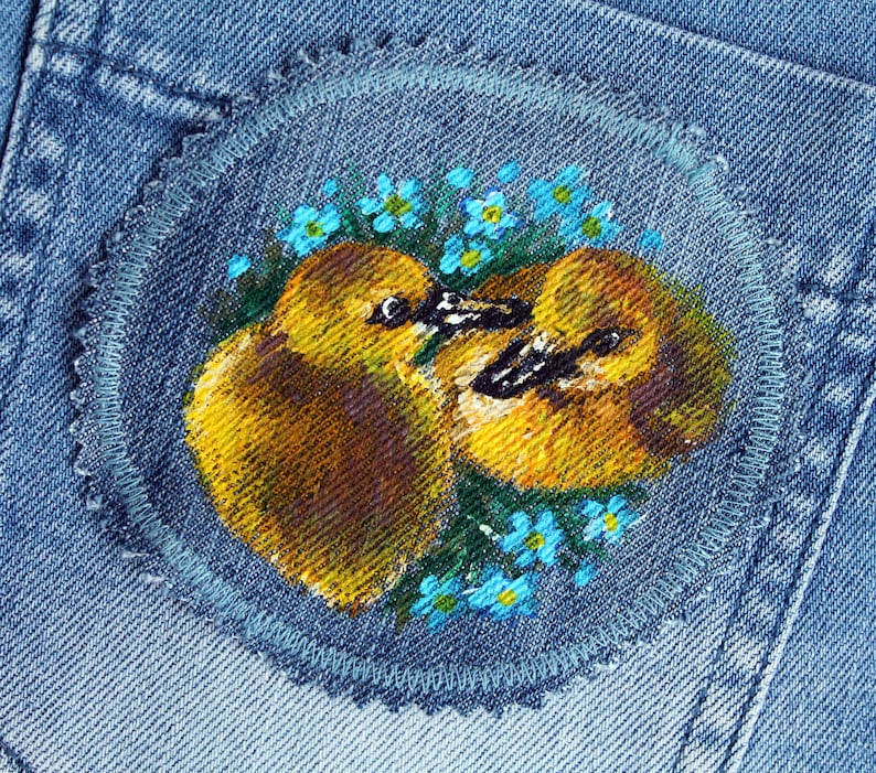 Hand painted duck patch Denim patches birds Upcycled jeans for women