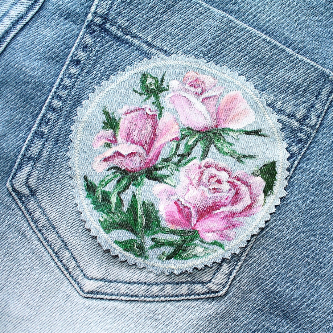 Pink Rose Patch Hand Painted Denim Patches Floral Upcycled Jeans for