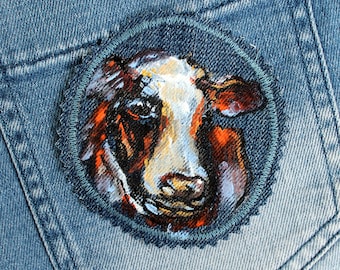 Hand painted cow patch Denim patches bull Upcycled jeans for women Farmer gifts