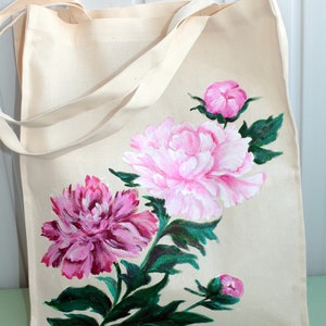 Handmade tote bag canvas for women Hand painted peony reusable grocery bag Mori girl fashion gift CUSTOM image 5
