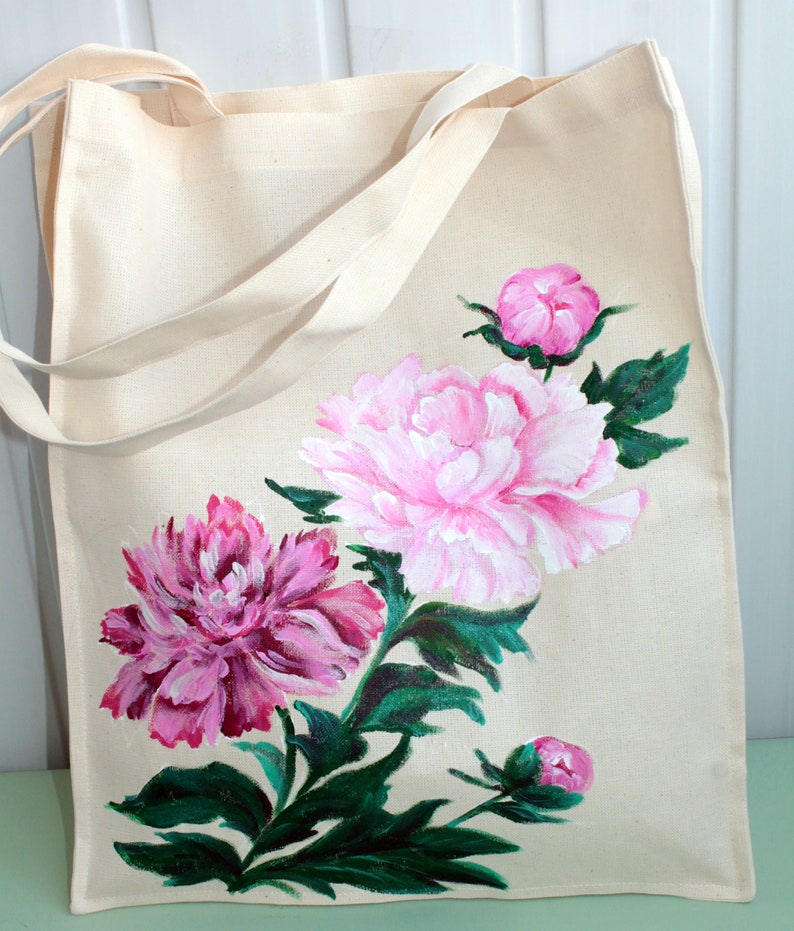 Handmade tote bag canvas for women Hand painted peony reusable grocery bag Mori girl fashion gift CUSTOM image 5