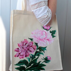 Handmade tote bag canvas for women Hand painted peony reusable grocery bag Mori girl fashion gift CUSTOM image 9