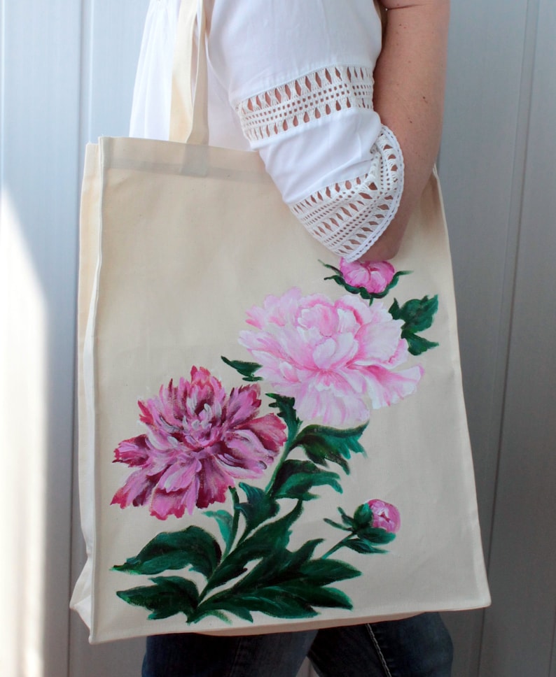 Handmade tote bag canvas for women Hand painted peony reusable grocery bag Mori girl fashion gift CUSTOM image 9