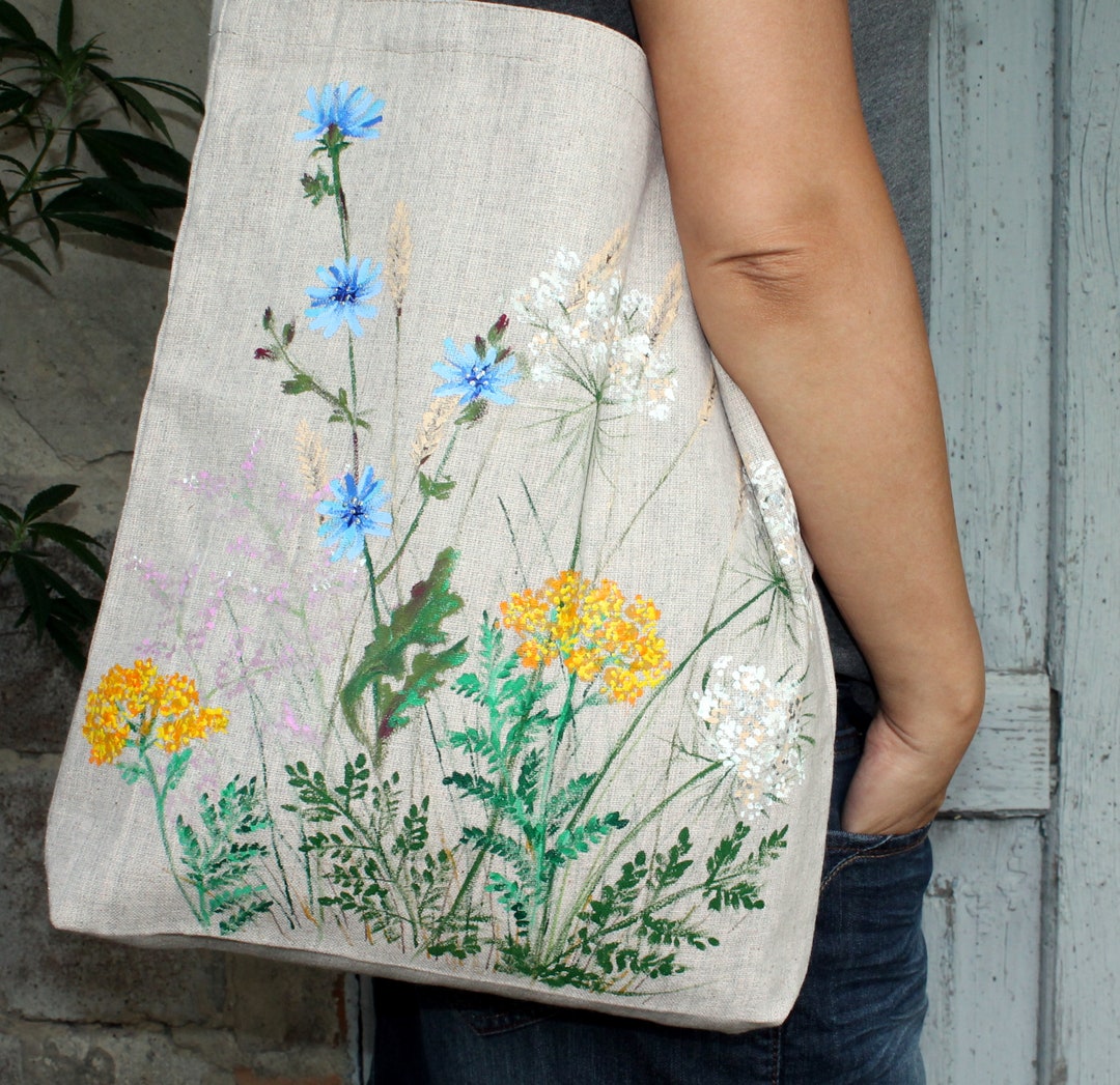Linen Purse Handmade Linen Tote Bag for Women Hand Painted Wild Grass Reusable ...