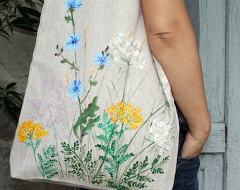 Handmade linen tote bag for women Hand painted wild grass reusable grocery bag Mori girl fashion gift CUSTOM
