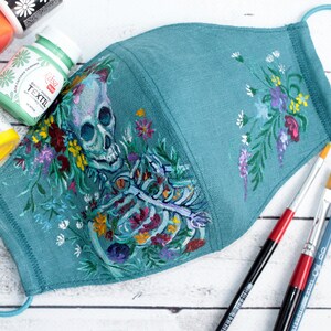 Hand painted skeleton face mask washable Linen skull flower mask CUSTOM
