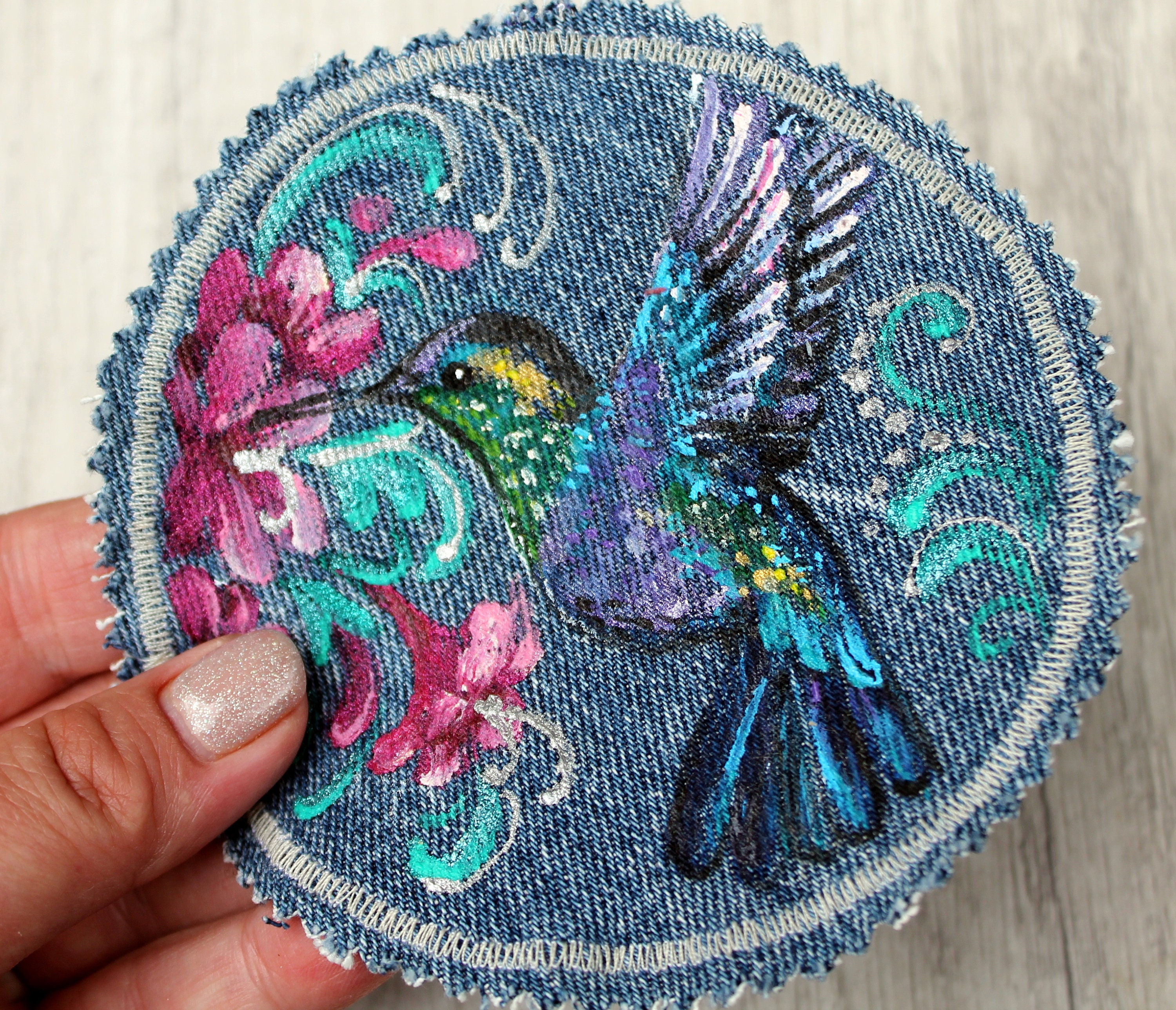 Hand Painted Hummingbird Patch Denim Patches Birds Upcycled Jeans for ...