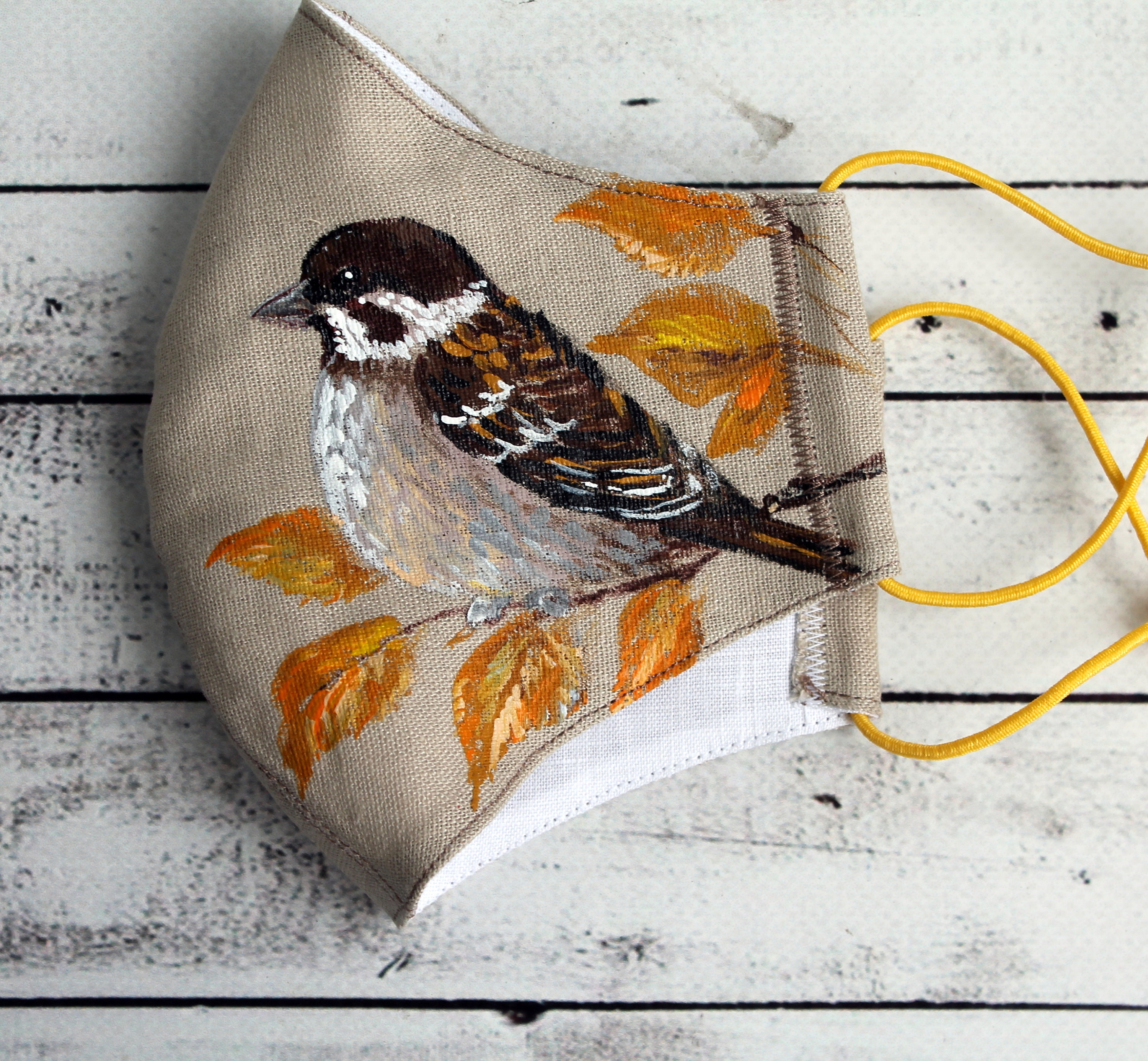 Linen Face Mask Bird Mask Hand Painted Sparrow Face Mask Etsy