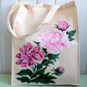 Handmade tote bag canvas for women Hand painted peony reusable grocery bag Mori girl fashion gift CUSTOM image 1