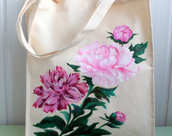 Handmade tote bag canvas for women Hand painted peony reusable grocery bag Mori girl fashion gift CUSTOM