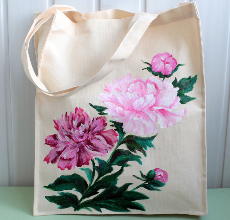 Handmade tote bag canvas for women Hand painted peony reusable grocery bag Mori girl fashion gift CUSTOM image 1