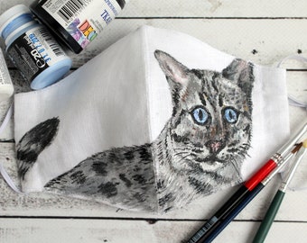 Hand painted mask cat Linen face mask Custom pet portrait