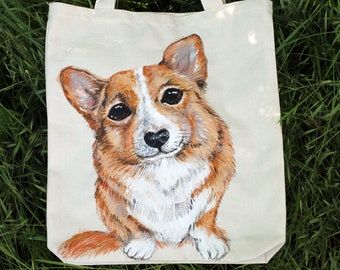 Hand painted corgi canvas tote bag Reusable grocery bag Eco friendly gifts for women