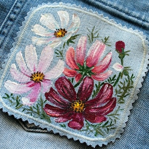Hand painted patch sew on Cosmos Denim patches floral Upcycled jeans for women CUSTOM