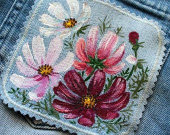 Hand painted patch sew on Cosmos Denim patches floral Upcycled jeans for women CUSTOM