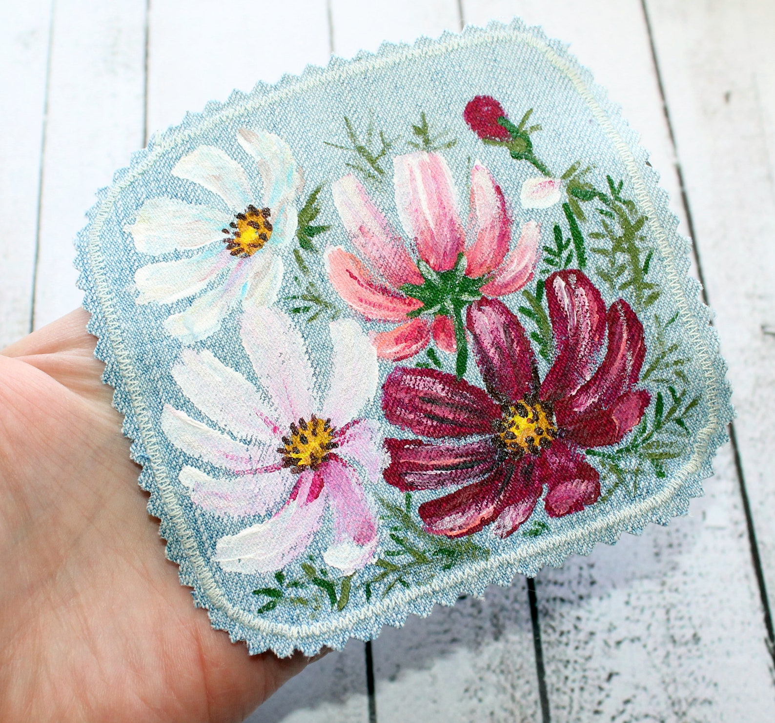 Hand Painted Patch Sew on Cosmos Denim Patches Floral Upcycled Jeans